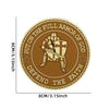 Round brown embroidered patch with text Defend the Faith and Put on the full armor of God