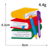 A stack of colorful iron-on decorative patches, including fabric squares and pens, shown with dimensions.