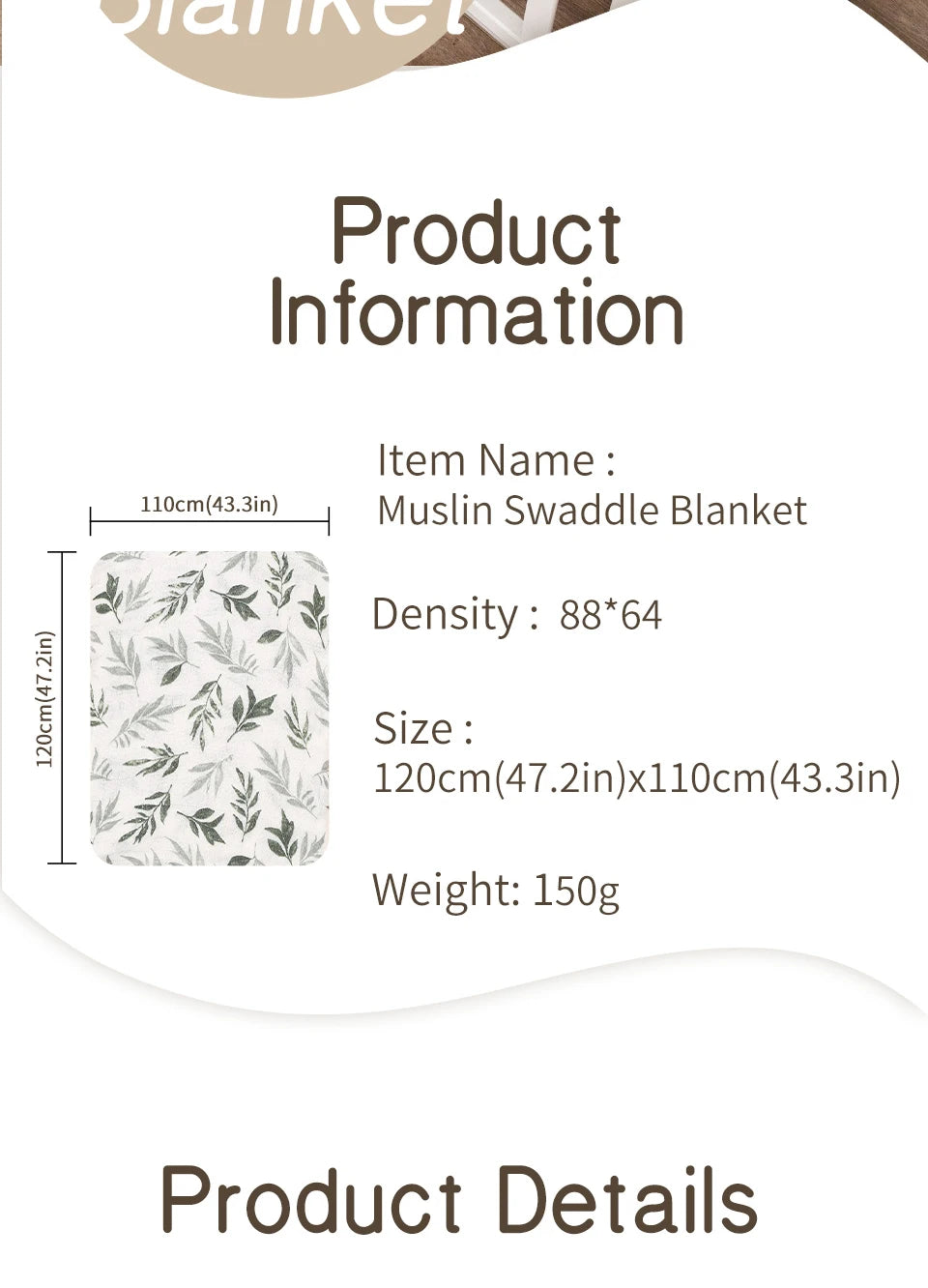 Product information details for a muslin swaddle blanket showing its dimensions and weight.