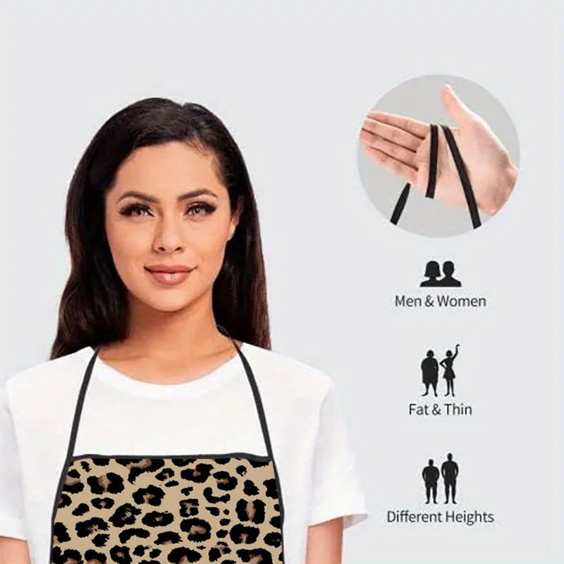 A woman models a leopard print sleeveless kitchen apron with various height and gender icons.