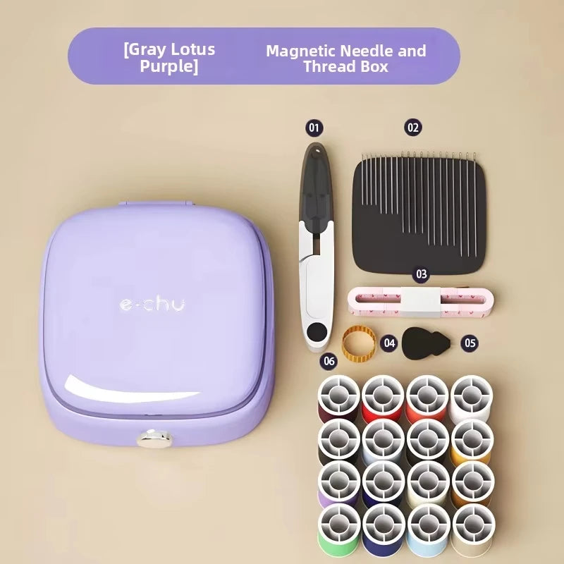 A purple e-chu magnetic sewing kit showing a needle and thread box with various specialty needles and thread spools.
