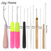 A set of five plastic latch hooks for crochet and crafting in various colors including pink, yellow, black, and natural wood 