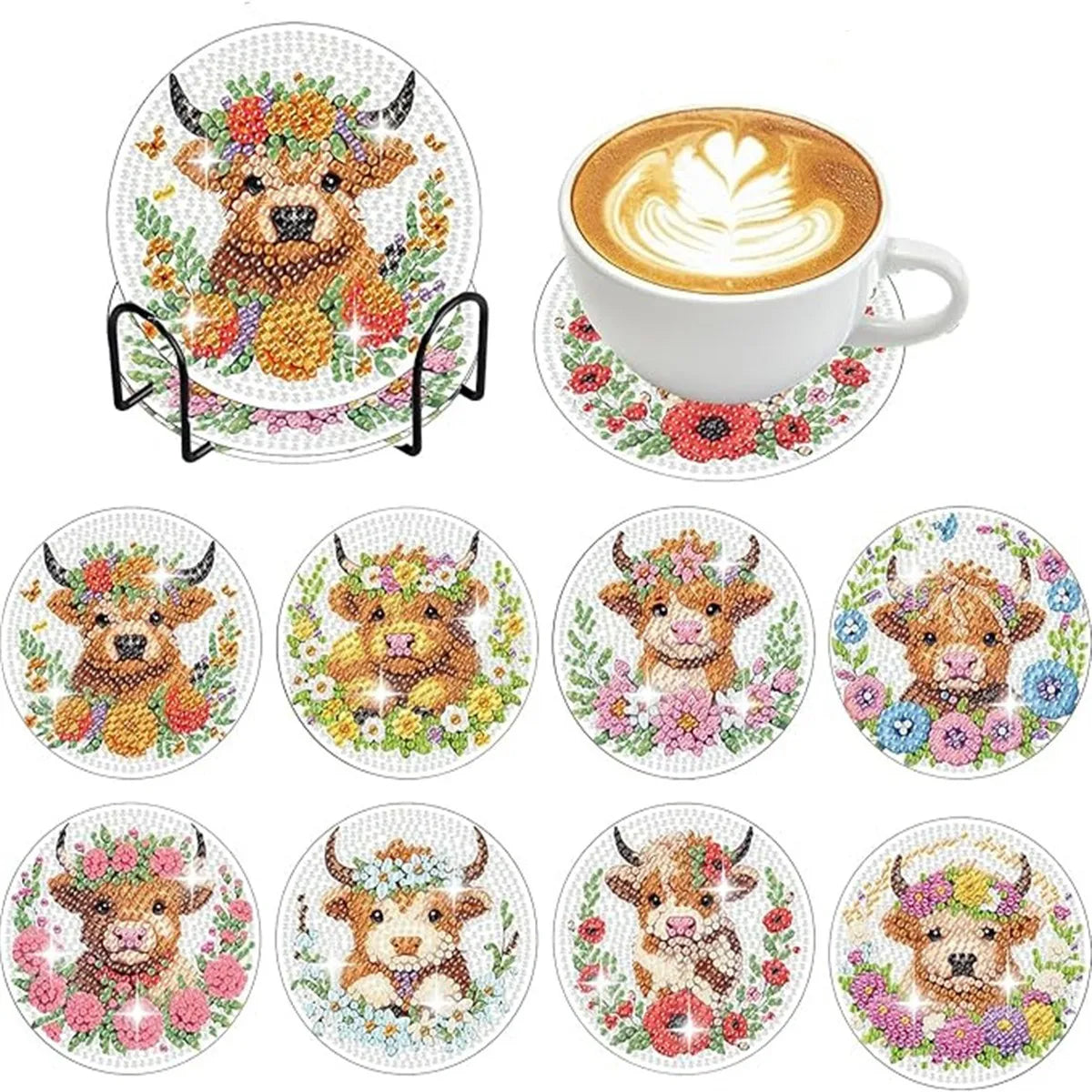 A set of diamond painting coasters featuring various animal designs like a dog, a cat, and a lion.