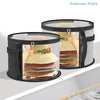 Collapsible hat storage organizer with a clear front window displaying various hats stacked in shades of beige and brown.