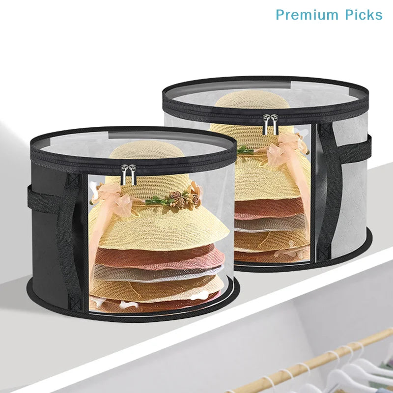 Collapsible hat storage organizer with a clear front window displaying various hats stacked in shades of beige and brown.