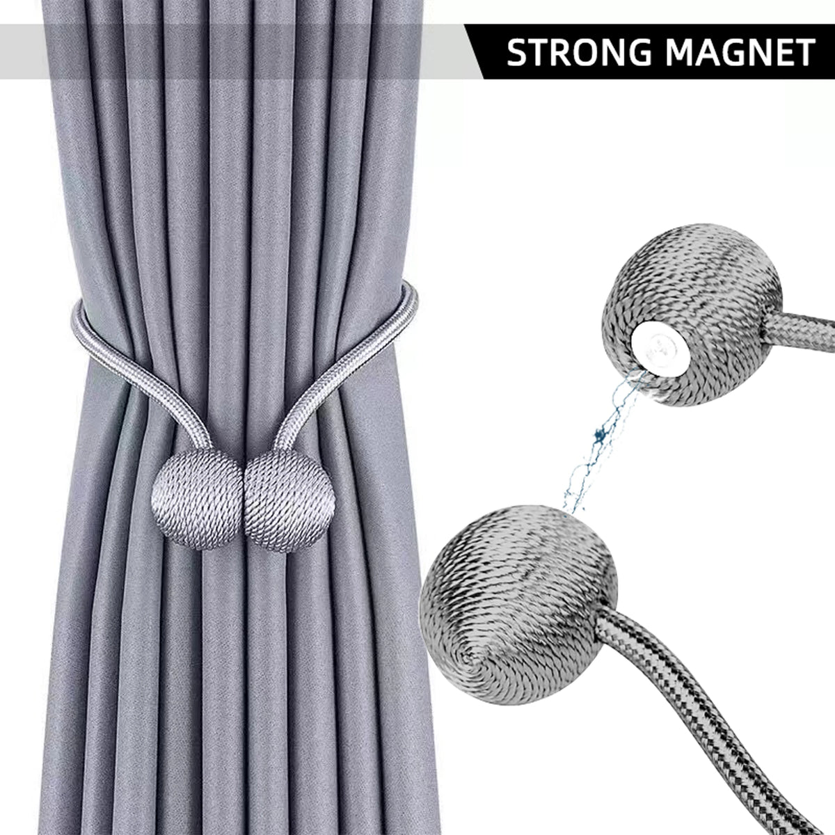 Close-up of a gray fabric curtain with magnetic ball tiebacks and a detachable cord.