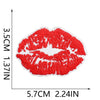 A red embroidered patch shaped like lips, measuring 5.7cm by 3.5cm.