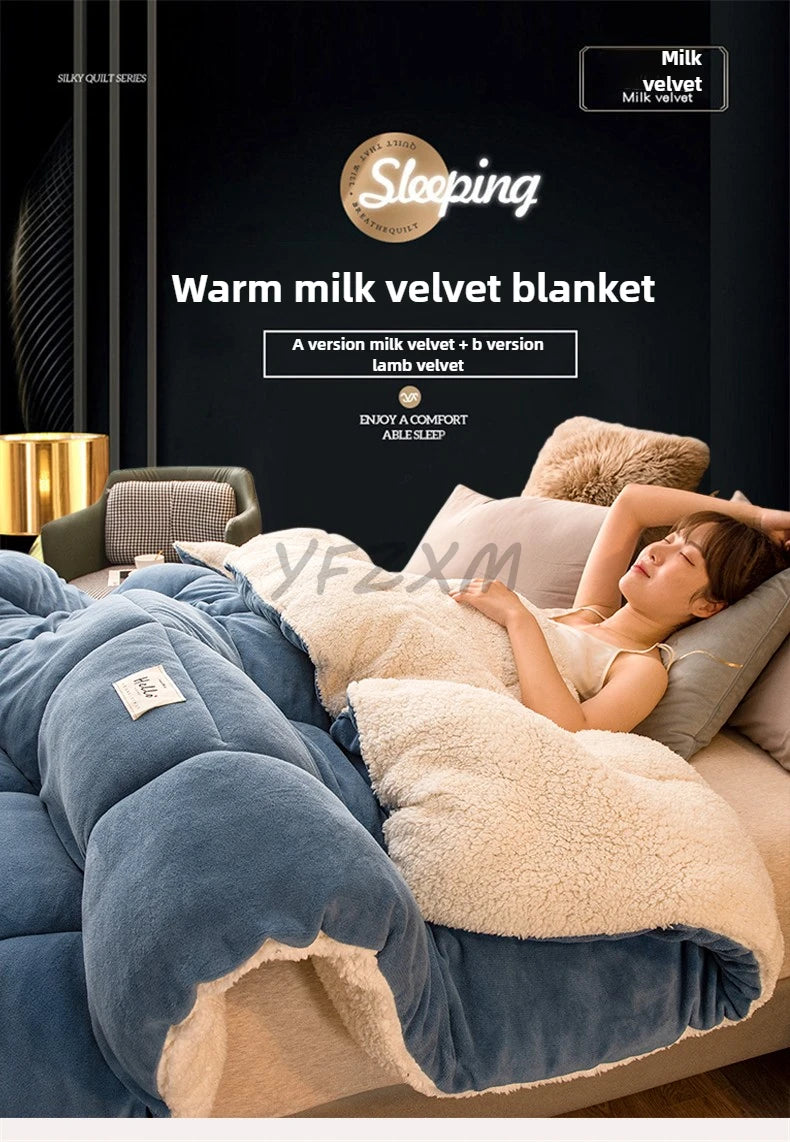A warm milk velvet blanket is shown draped over a bed, with a person relaxing under it.