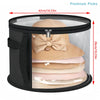 Collapsible hat storage organizer with a clear front window showing stacked beige and pink hats.
