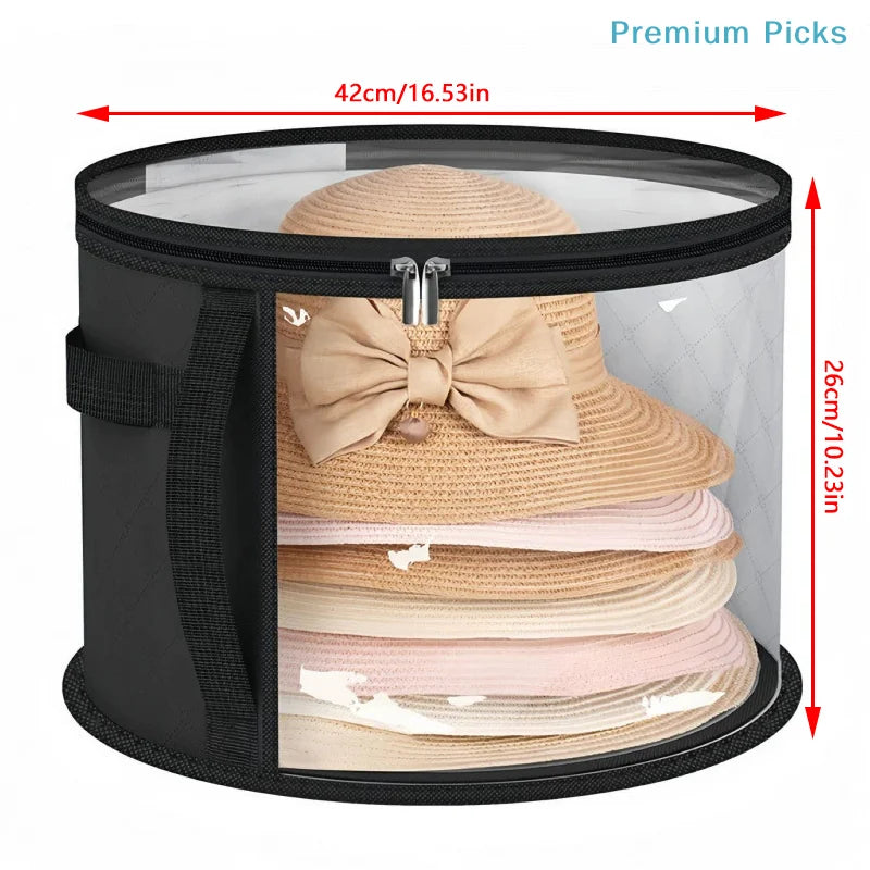 Collapsible hat storage organizer with a clear front window showing stacked beige and pink hats.