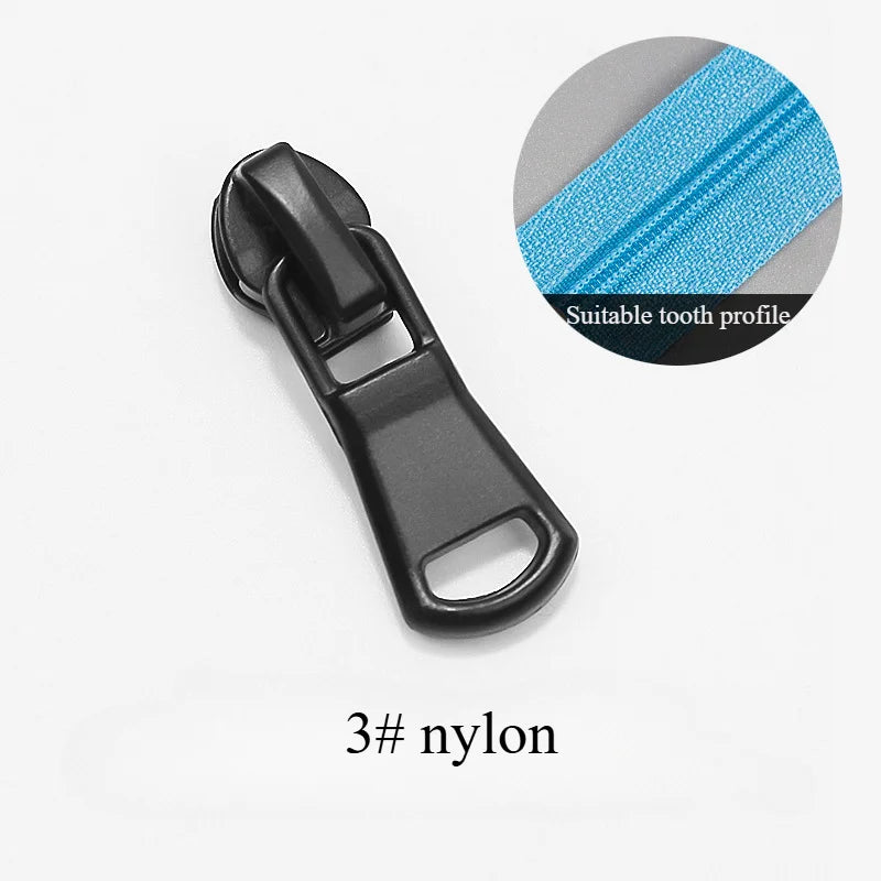 A close-up view of a black nylon zipper slider with a blue tooth profile shown in an inset circle.
