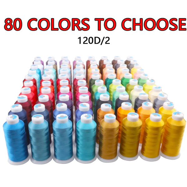 A collection of 80 assorted colored polyester embroidery threads in bulk rolls.