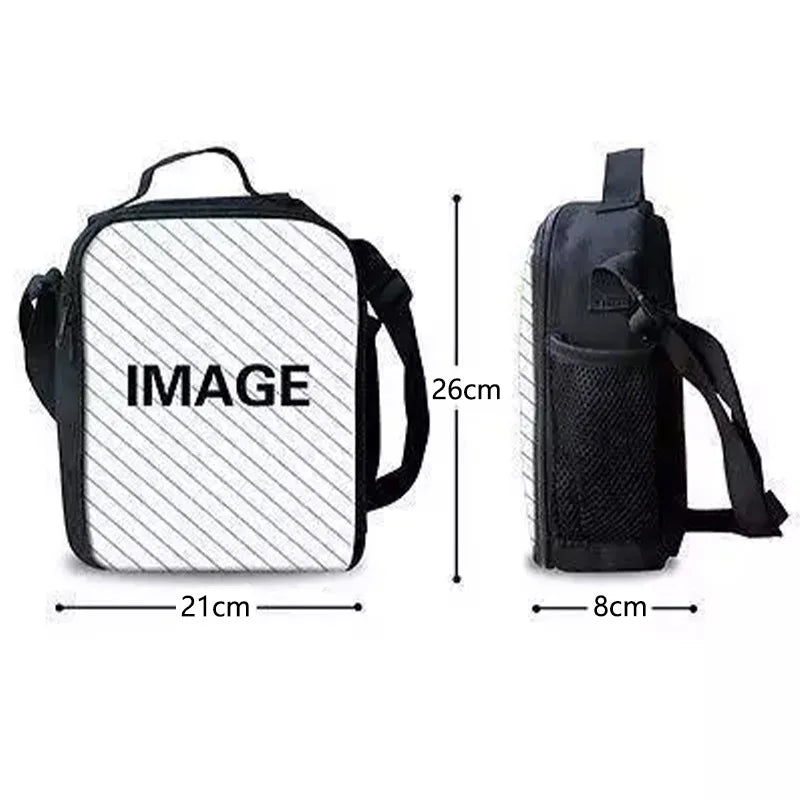 Black and white checkered cartoon crossbody lunch bag for kids with adjustable strap