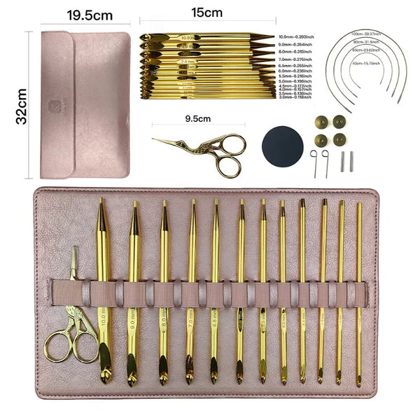 A set of 12 golden aluminum crochet hooks for weaving displayed on a pink leather tool case.