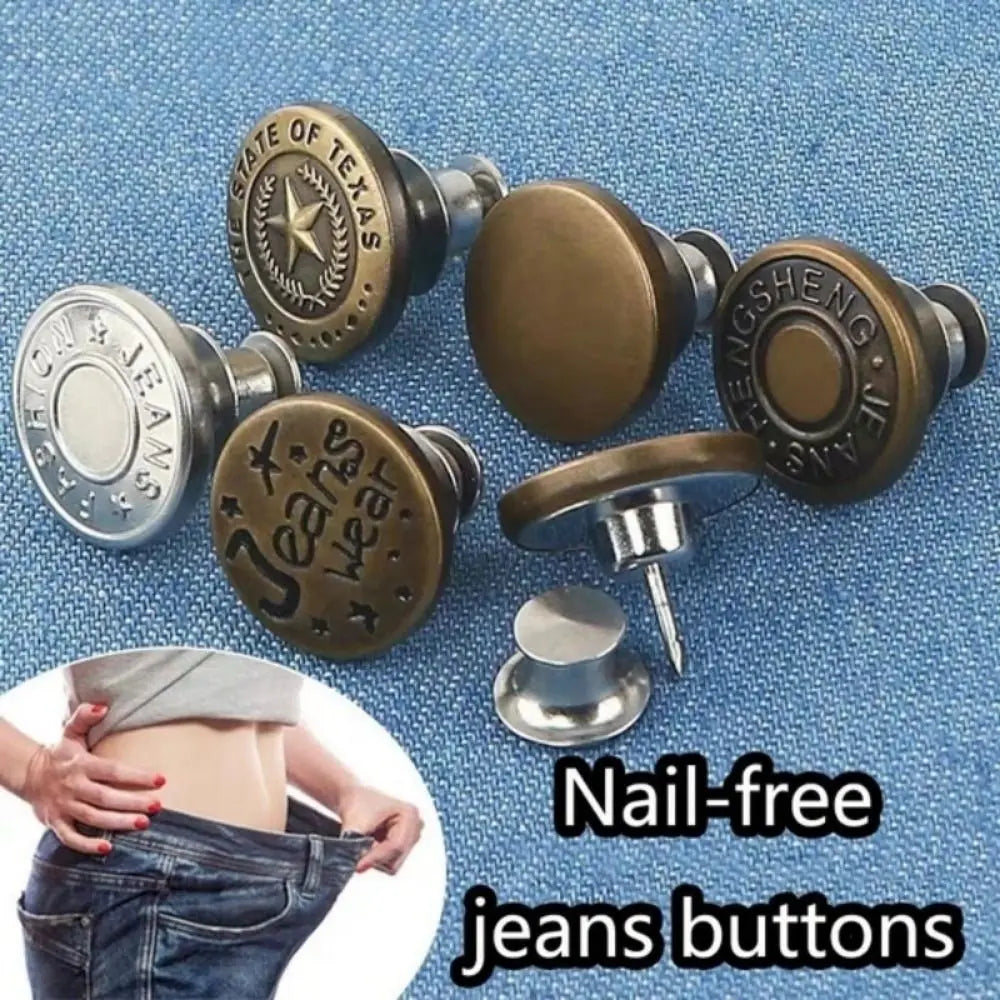 A set of metal jeans buttons and a screwdriver for nail-free jean button repair.
