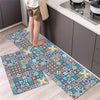 Two diamond print non-slip waterproof kitchen rugs featuring blue, white, and orange patterns.