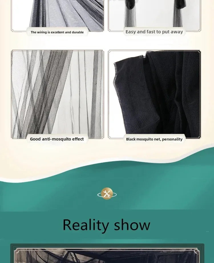 A large four-door mosquito net shown in various applications demonstrating durability, ease of use, and mosquito protection.