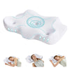 White ergonomic memory foam neck pillow with a cooling cover shown in various angles.