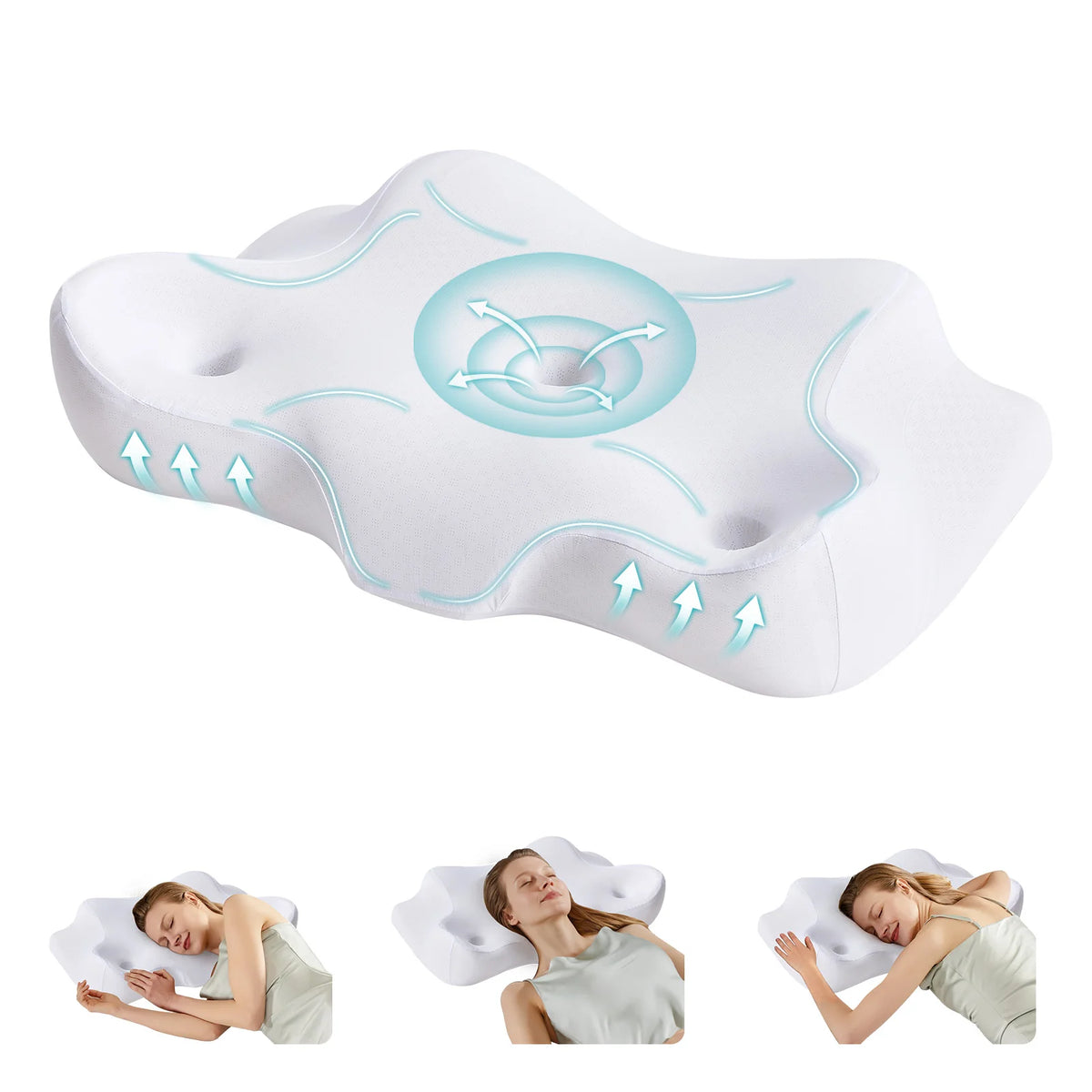 White ergonomic memory foam neck pillow with a cooling cover shown in various angles.