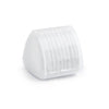 A white plastic eraser with ribbed texture used for fabric chalk markers.