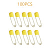A collection of 100 yellow stainless steel diaper pins with safety locking closures.