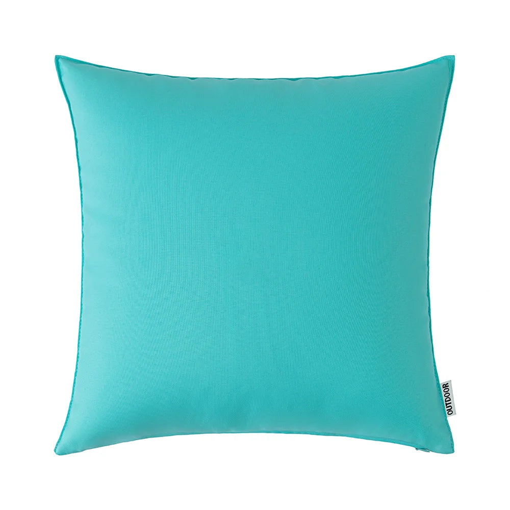 A square teal outdoor pillow cover with a smooth texture.
