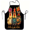 A black apron featuring a funny chicken floral print with glasses and colorful flowers.