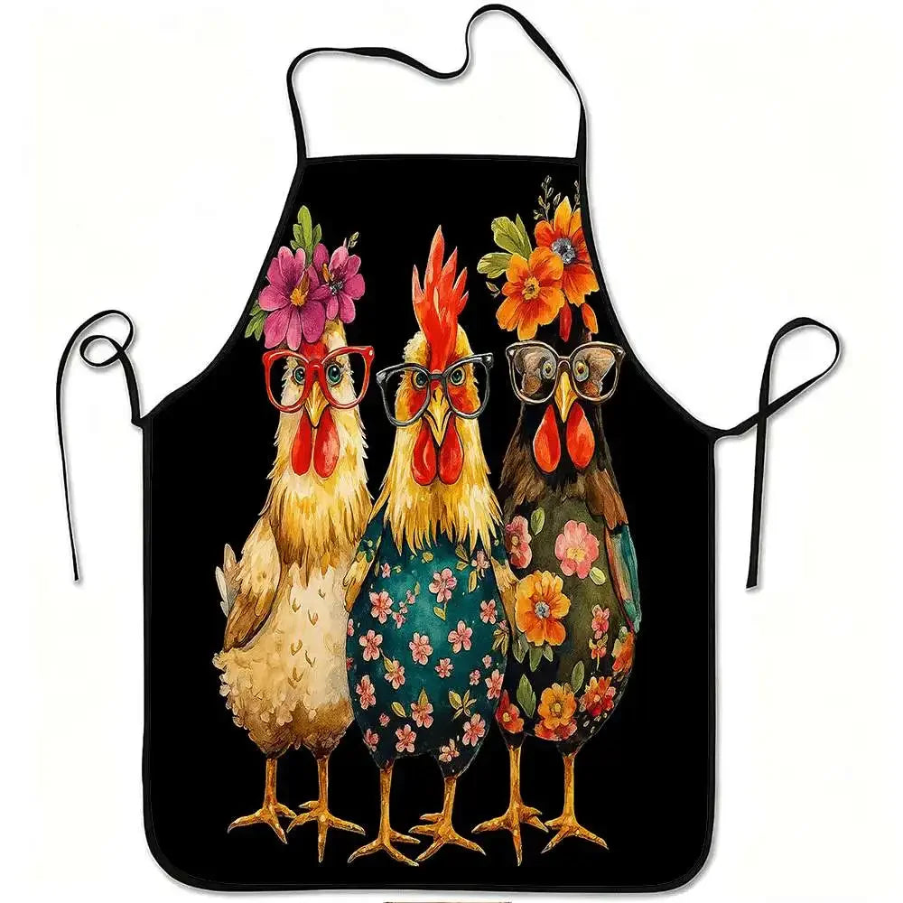 A black apron featuring a funny chicken floral print with glasses and colorful flowers.
