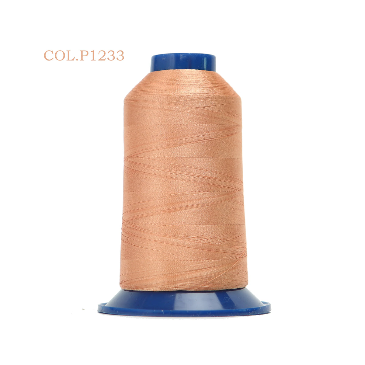 A spool of copper-colored polyester embroidery thread with a blue core and cap.