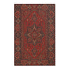 A richly patterned red and maroon bohemian Turkish style area rug with intricate geometric designs.