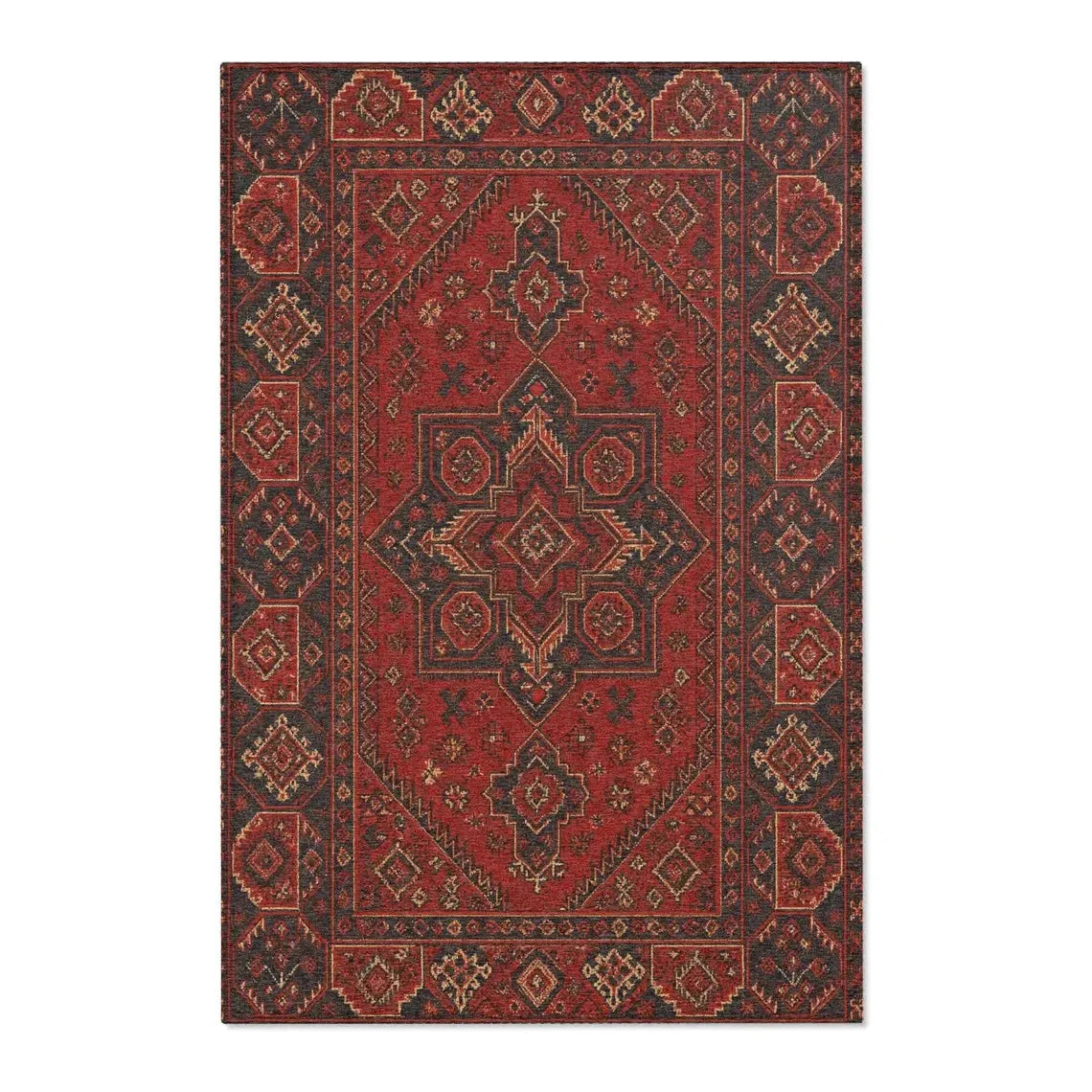 A richly patterned red and maroon bohemian Turkish style area rug with intricate geometric designs.