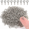 A pile of stainless steel eye screw pins for jewelry making, showing various sizes and styles.