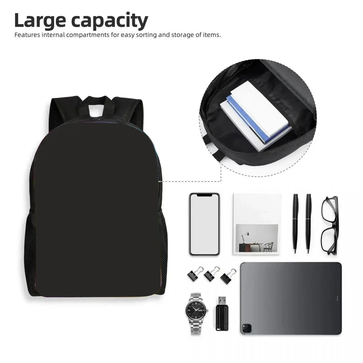 A black cartoon kids backpack set including a matching shoulder bag and pencil case.