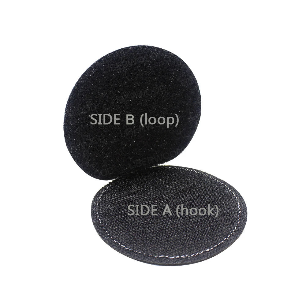 Two black embroidered patches labeled SIDE B (loop) and SIDE A (hook)