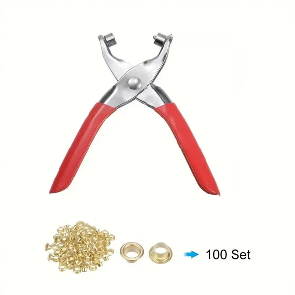 A pair of silver and red pliers used for punching grommets or eyelets, with loose metal rings included.