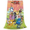 A colorful cartoon-themed throw blanket featuring characters and text on a light green background.
