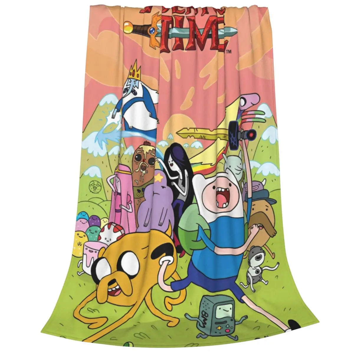 A colorful cartoon-themed throw blanket featuring characters and text on a light green background.