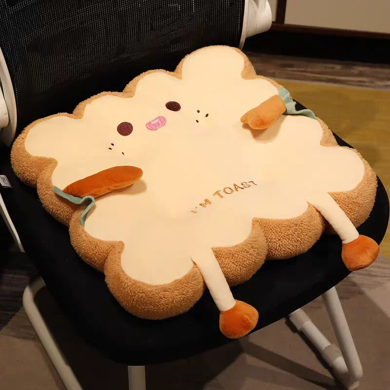 A plush cartoon toast shaped seat cushion for back and fatigue relief