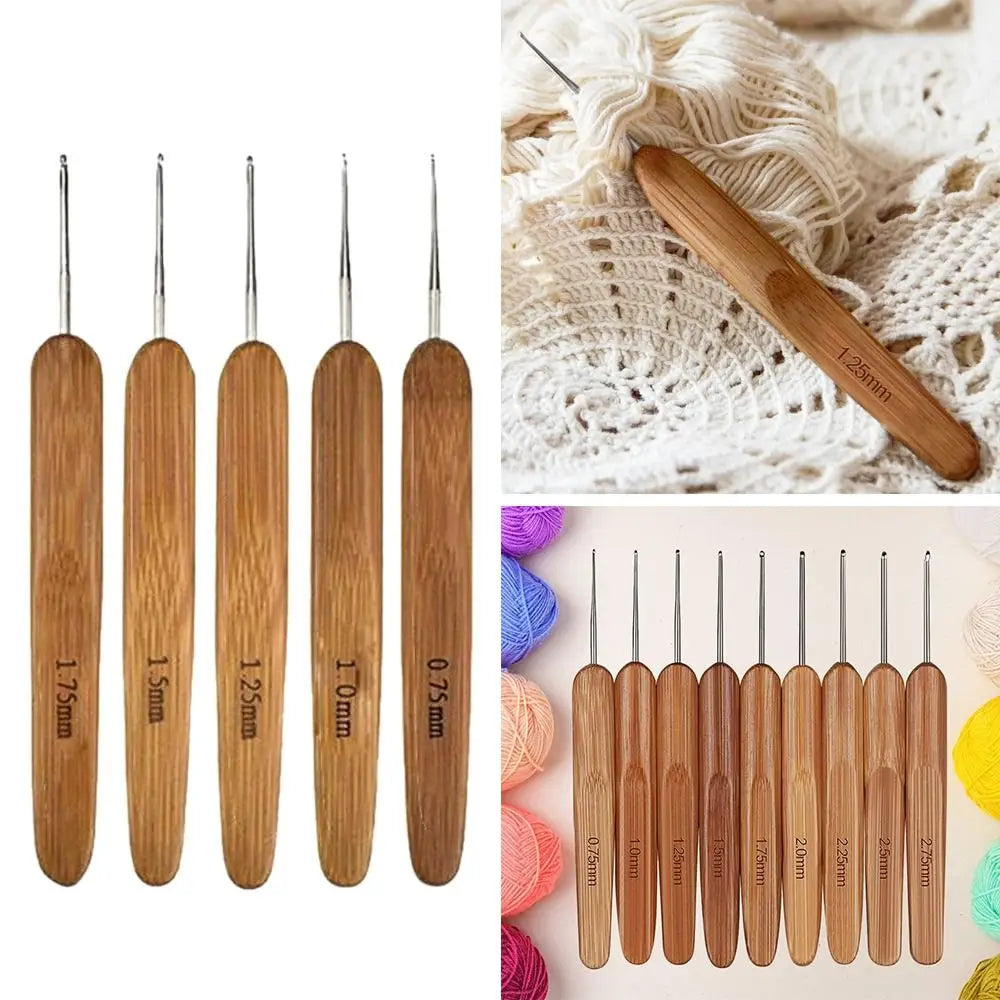 A set of ergonomic bamboo crochet and knitting needles in various sizes, displayed on a light background.