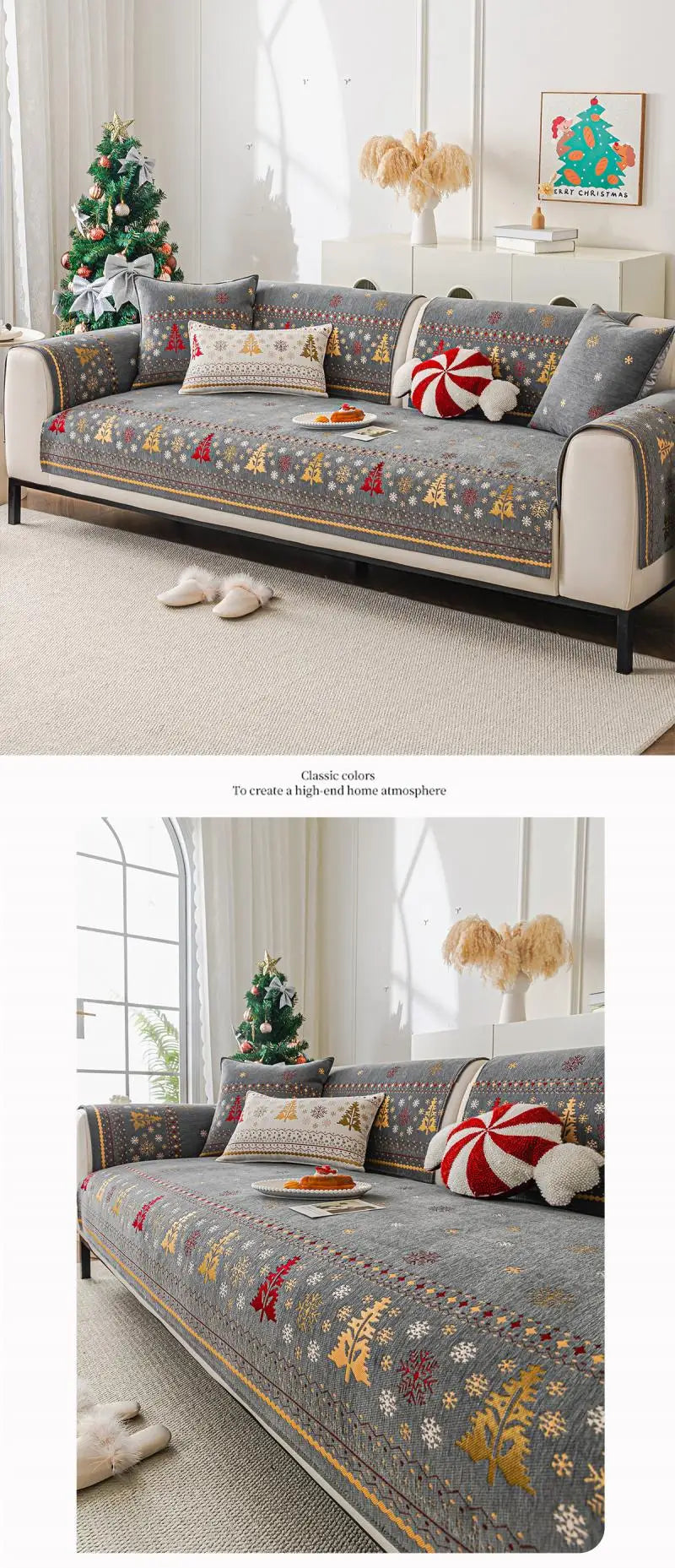 Gray decorative sofa seat covers featuring gold and red floral patterns with white fluffy accents