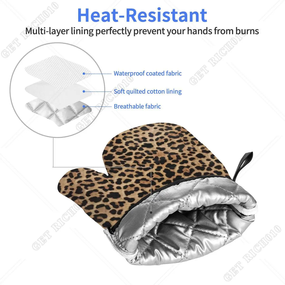 A pair of leopard print heat-resistant oven and microwave gloves with a silver lining.