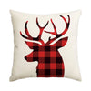 A red plaid deer head design on a cream colored decorative pillow cover.