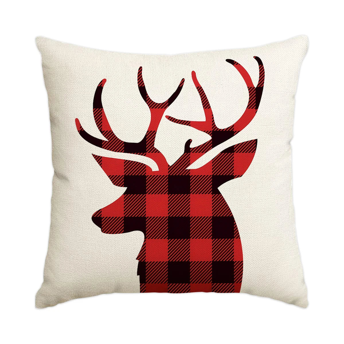 A red plaid deer head design on a cream colored decorative pillow cover.