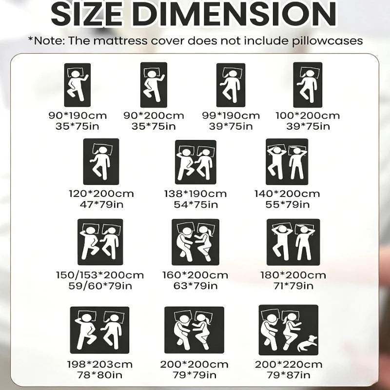 Diagram showing various size dimensions for a mattress cover, including measurements in centimeters and inches.