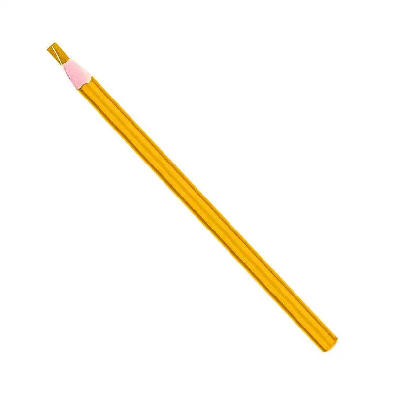 A yellow fabric chalk marker with a pink tip, used for sewing.