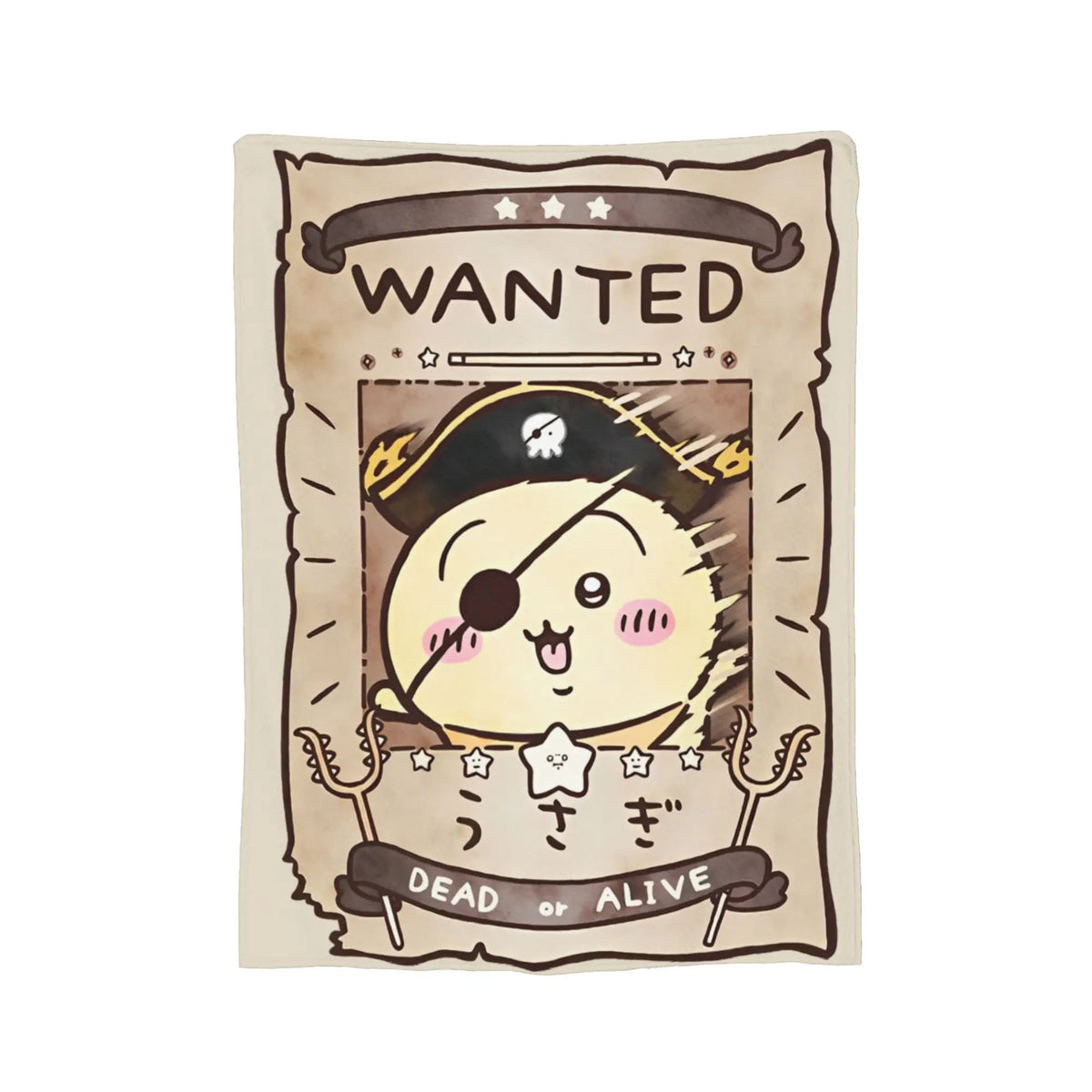 A beige flannel throw blanket featuring a cartoon illustration of a character wearing a hat and surrounded by stars.