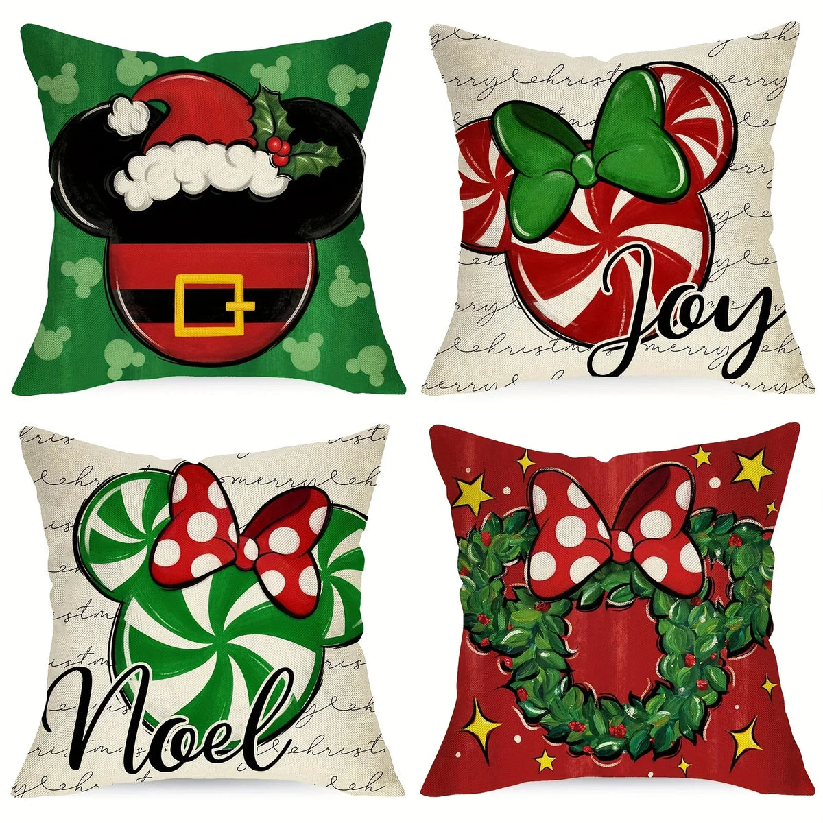 Four festive pillow covers featuring Christmas and holiday designs including Santa, bows, and wreaths.