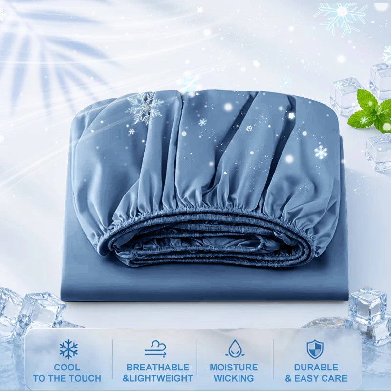 A folded blue cooling fitted sheet with elastic edges displayed on a white surface.