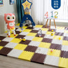 A colorful interlocking foam play mat featuring a checkerboard pattern with yellow, white, and brown squares, surrounded by t