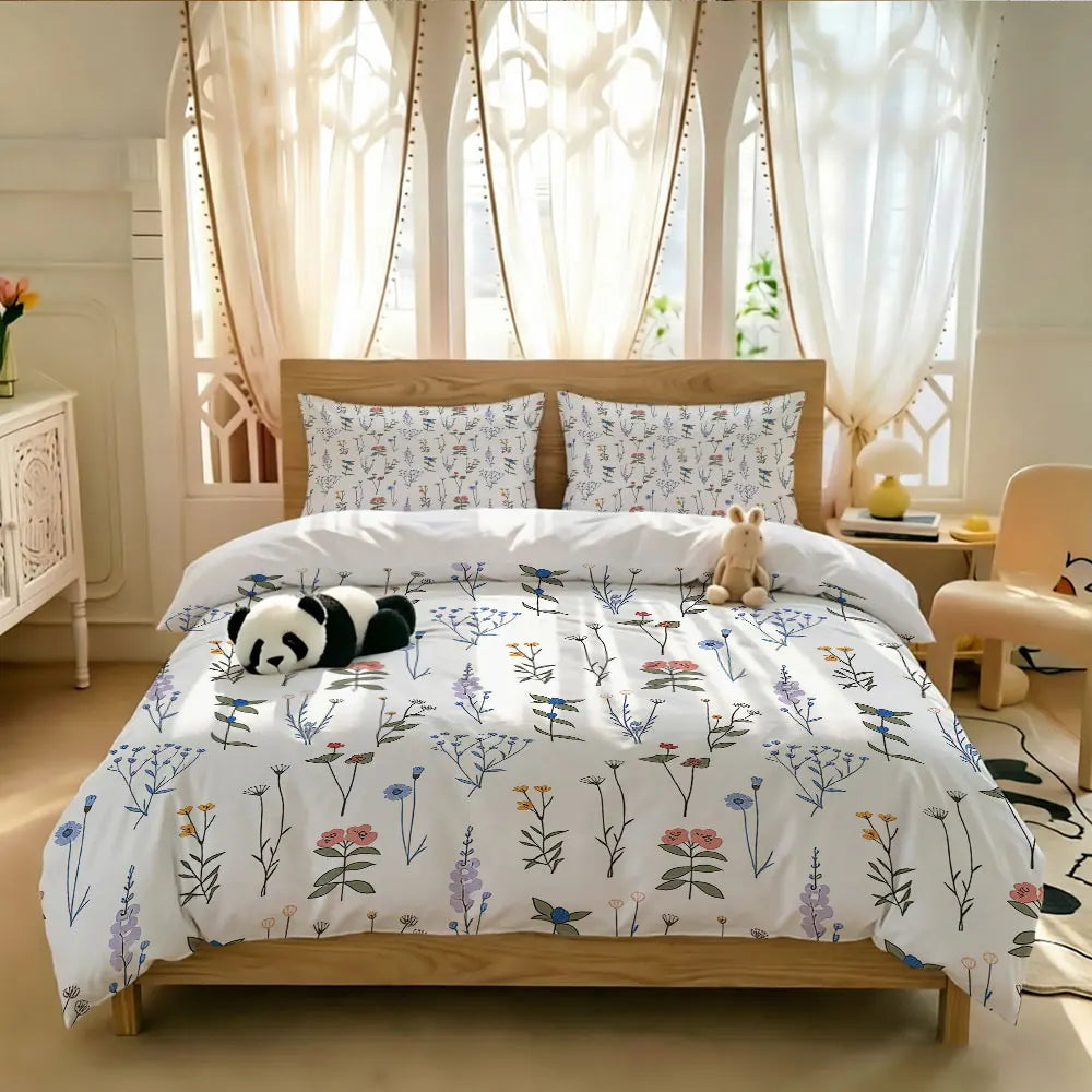 A light floral duvet cover set displayed on a wooden bed with sheer curtains and natural light.